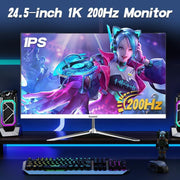 Monitor para PC Gawfolk de 24.5 pulgadas Full HD (1920x1080), 200Hz, 1ms, 3000R Eye Care y FreeSync, compatible con VESA: ¡el monitor para PC ideal! HDMI, DP, protección ocular, inclinable, VESA 75x75