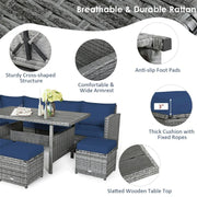 Conjunto de muebles de comedor para patio de 7 piezas de ratán con sofá seccional, mesa de comedor, otomanas y cojines