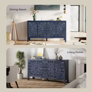 Aparador con almacenamiento, gabinete de almacenamiento con acabado desgastado, 4 puertas talladas y estante ajustable, mueble buffet de madera decorativo