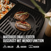 EndersGasgrill Urban II Pro, parrilla de mesa, función de asado, cocción y horneado, 2 quemadores de acero inoxidable, con termómetro para parrilla, parrilla para balcón y camping, carcasa de aluminio fundido, rejilla de hierro fundido, #2062