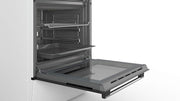Cocina eléctrica de libre instalación Bosch Serie 4 HKR39C250, 60 cm de ancho, asistente de limpieza EcoClean Direct, aire caliente 3D para hornear en 3 niveles, control por pantalla LED, zona de cocción ampliable para recipientes grandes