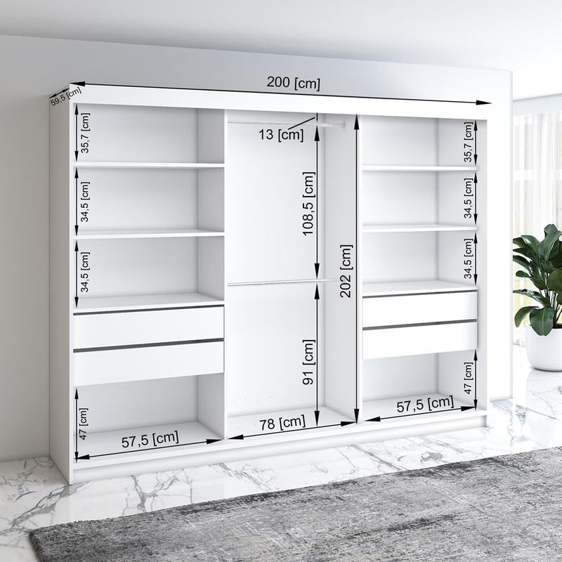 A&J MöbelLand Armario de puertas correderas VILUNO 2, armario de 3 puertas de 200 cm con espejo, 4 cajones y 2 barras para ropa, armario espacioso para dormitorio (negro)