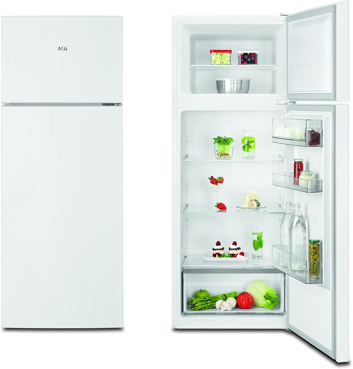 AEG RDB424E1AW Frigorífico de dos puertas de libre instalación/Serie 5000 con ColdSense/1434 mm/Congelador superior/206 L/LowFrost – menos formación de escarcha/Color: Blanco/E