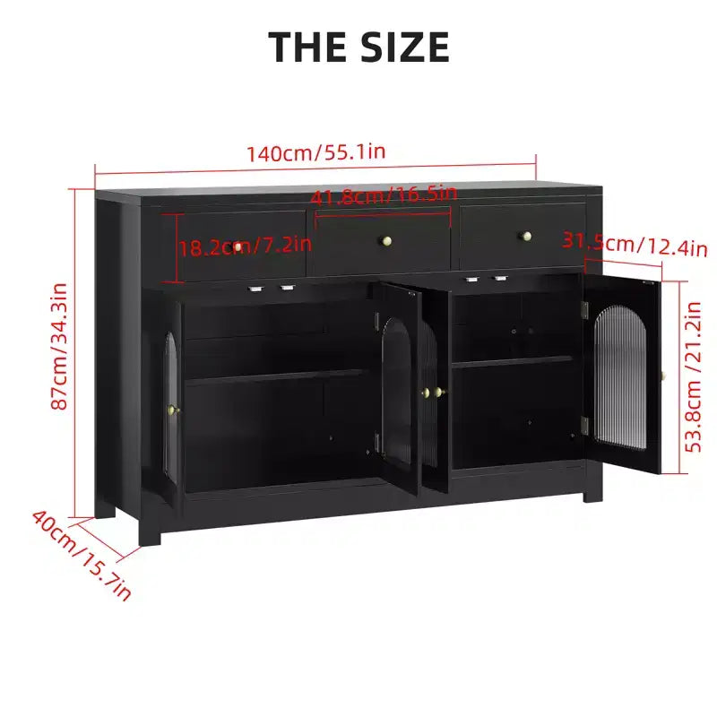 Aparador de comedor estrecho de 55 pulgadas con 3 cajones y 4 puertas para cocina, comedor y sala de estar
