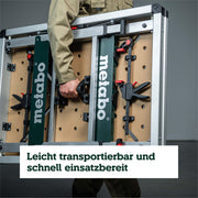 Mesa multifunción Metabo MWB 100, banco de trabajo plegable, caballete móvil, 120 kg, incl. 2 sargentos y 4 topes de banco
