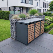 Cubo para basura Metzler en antracita y efecto madera, 3 compartimentos de 240 L, revestimiento para 3 cubos de basura, acero con recubrimiento en polvo resistente a la intemperie con tapa automática, bloqueable, arcón para jardín y basura