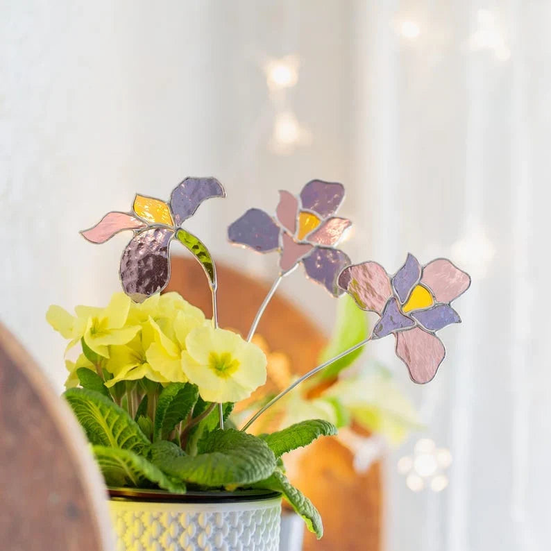 Estacas de jardín de vitrales de lirios - Decoración Cottagecore, acento de flores de primavera para macetas