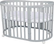 Cuna ovalada evolutiva Waldin, set completo 7 en 1, cuna de barrotes, cama infantil con colchón, cambiador, cuna colecho, madera blanca