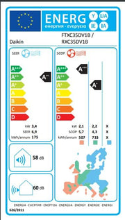 Daikin con kit de instalación de 5 metros – 12000 BTU – 3.5 kW Sensira FTXC35 RXC35, A++, aire acondicionado reversible tipo split mural fijo