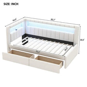 Cama con plataforma tapizada con puertos USB e iluminación LED - Base de cama matrimonial/individual con 2 cajones de almacenamiento - Dormitorio moderno