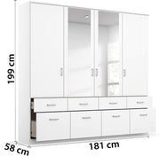 Armario de puertas batientes Rauch Möbel Bremen, armario ropero en blanco con 2 espejos y 8 cajones, 4 puertas, incluye paquete de accesorios Basic, 1 barra de armario, 4 estantes, ancho x alto x profundidad 181x199x58 cm