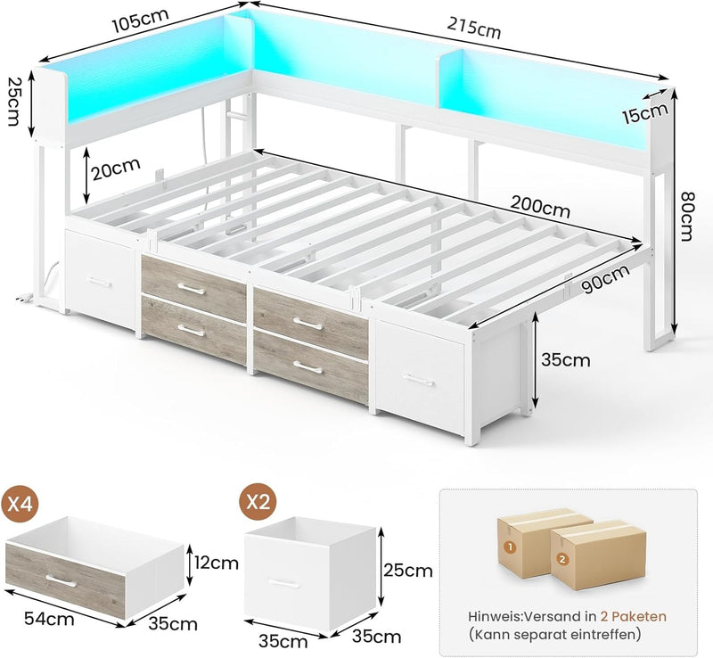AOGLLATI Cama de 90x200 con almacenamiento, sofá cama con estantería integrada y 6 cajones, cama juvenil con iluminación LED y estación de carga, cama de invitados, diván, estructura de cama con somier (Blanco, 90x200 cm)