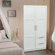 Armario de madera blanca con puertas, cajones y barra para colgar