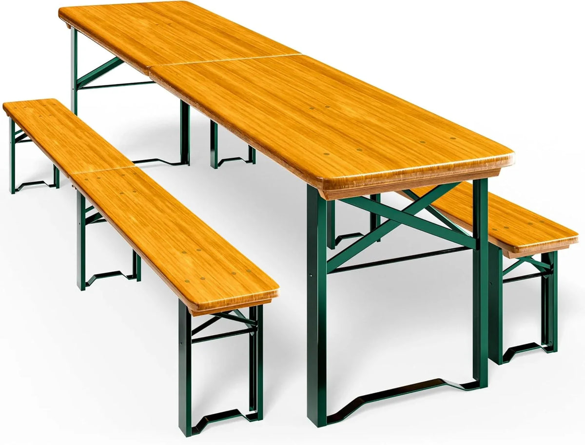 Set de mesa y bancos plegables para cervecería, 220 cm, madera, 2 bancos, 1 mesa, capacidad hasta 10 personas