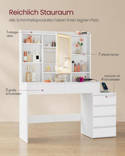 Colección VASAGLE Kailyn - Tocador con iluminación LED, mesa de maquillaje con regleta, espejo, tocador con estantes ajustables, moderno, 40 x 124,7 x 145 cm, blanco nube RDT644WB01