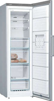 Bosch - Congelador vertical NoFrost, Serie 4, 186 cm de alto x 60 cm de ancho, 242 L, cajones BigBox para alimentos grandes, sistema MultiAirflow, acero, GSN29VIEP