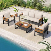 Conjunto de sofá para exterior de 4 piezas para 5 personas con mesa de centro de madera maciza y cojines extraíbles