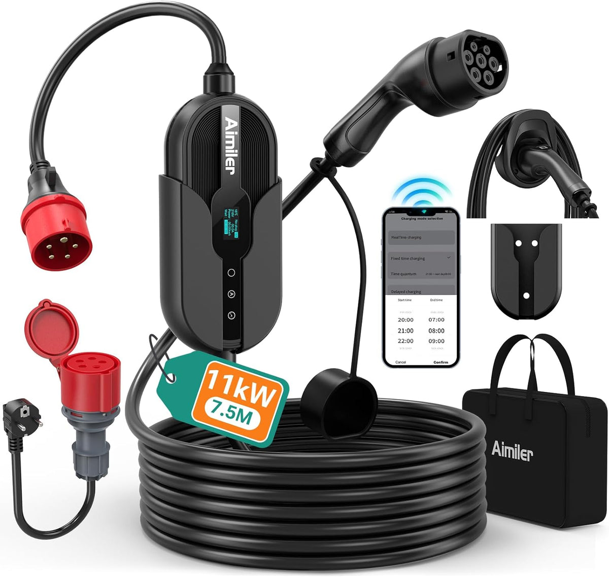 Cargador de coche eléctrico AIMILER 11kW con App, 8-16A, 7M, estación de carga trifásica para vehículos eléctricos con conector Tipo 2, incluye soporte de pared, pantalla OLED digital, IP66, compatible con Model 3/Y, EX30, 208EV y PHEV.