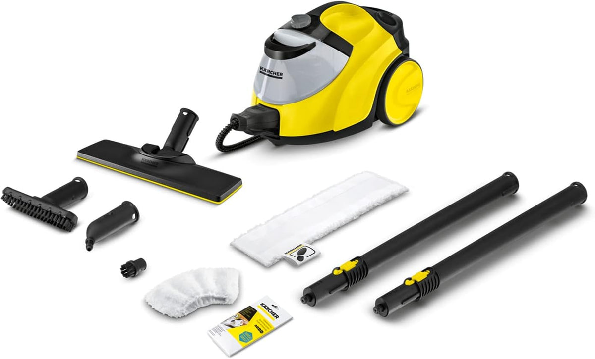 Limpiadora de vapor Kärcher SC 5 EasyFix con función de agua caliente, presión de vapor: 4,2 bar, tiempo de calentamiento: 3 min, superficie: aprox. 150 m², depósito: 0,5 l + 1,5 l, incl. kit de limpieza de suelos EasyFix y boquillas