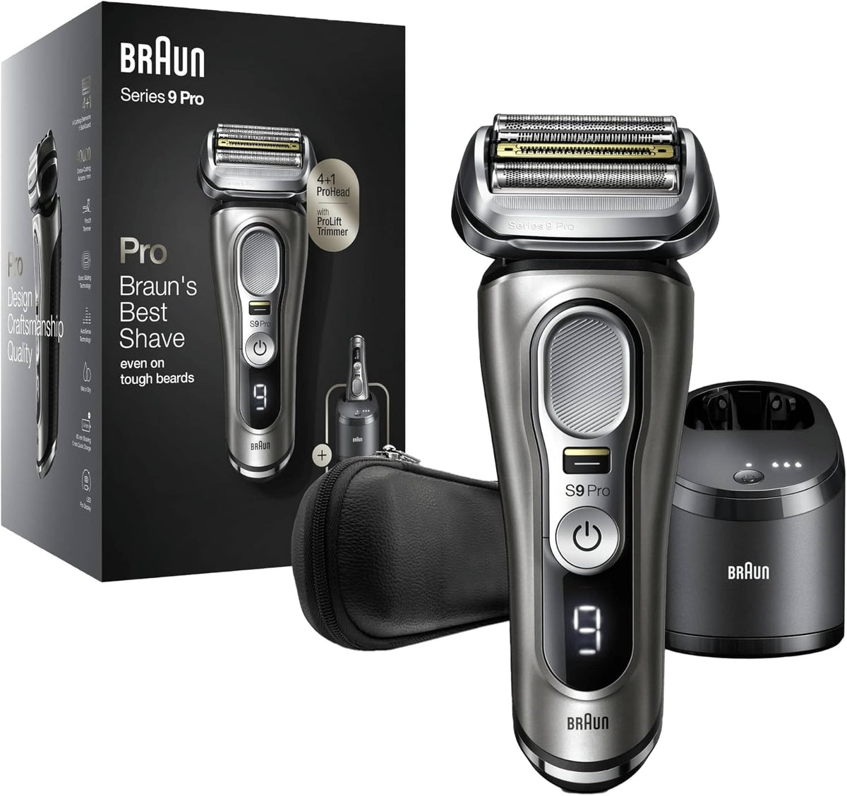 Afeitadora Braun Series 9 Pro Premium para hombre, ganadora del test de Stiftung Warentest, cabezal de afeitado 4+1, afeitadora eléctrica y recortadora, estación de limpieza, 60 min de autonomía, 9465cc, metal noble