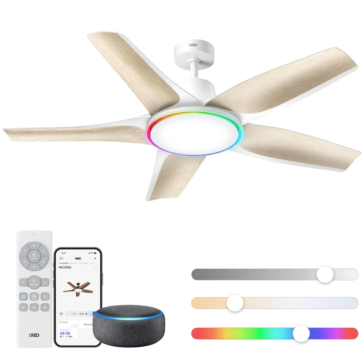 Ventilador de techo con luz LED de 132 cm, regulable, luz ambiental RGB, motor CC de 54 W, control por aplicación y Alexa