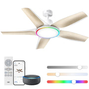 Ventilador de techo con luz LED de 132 cm, regulable, luz ambiental RGB, motor CC de 54 W, control por aplicación y Alexa
