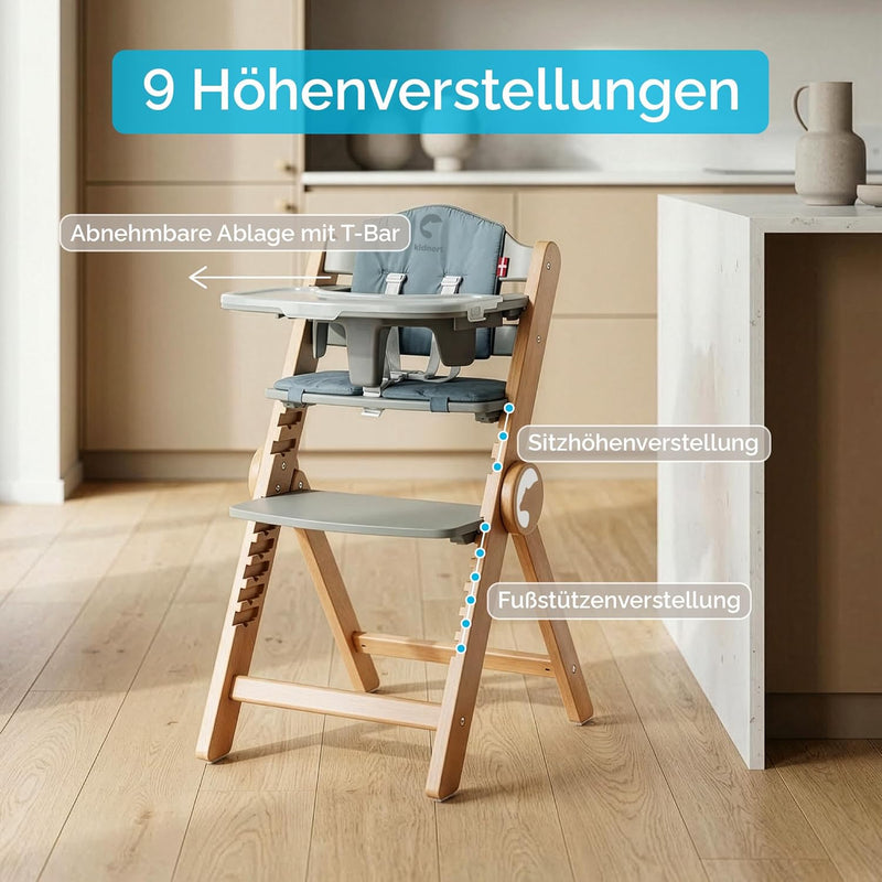 Trona de madera Drömmer Unique hasta 75 kg, trona plegable evolutiva de haya para niños con cojín de asiento, arnés de 5 puntos, bandeja adicional, cinturón de entrepierna, 9 ajustes de altura, barra de seguridad, gris