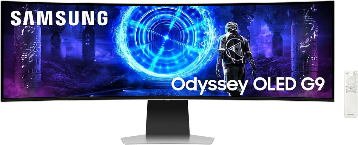 Monitor Samsung Odyssey OLED G9 240Hz, antirreflejo, 0.03ms, panel OLED 1800R, resolución 5120 x 1440, 1 000 000:1, 32:9, compatible con G-Sync, Smart, HDMI, DisplayPort, base ajustable