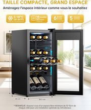 WIE Vinoteca 18 Botellas 53L Refrigerador de Vino 5°C-18°C Enfriamiento por Compresor Puerta de Cristal Panel Táctil LED Interior Nevera de Vino Bar Interior/Exterior
