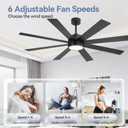 Ventilador de techo negro de 65 pulgadas y 8 aspas con luz y control remoto
