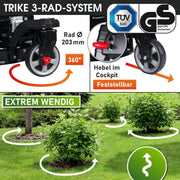 Cortacésped de gasolina BRAST® Trike con tracción | 5,2kW (7CV) | 53cm de ancho de corte | muchos modelos | TÜV | motor OHV de 4 tiempos | 30-80mm de altura de corte | 60L de saco de recogida | carcasa de acero | velocidad