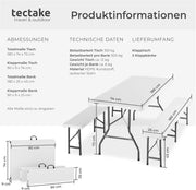 tectake® Juego de muebles de jardín de 3 piezas, mesa de camping plegable con 2 bancos de cerveza, muebles de balcón, conjunto de mesa para jardín o terraza, set de mesa y bancos cerveceros, con asas de transporte, 180 cm de largo (blanco)