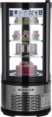 Vitrina refrigerada METRO Professional GRV1100, para hostelería, acero inoxidable/vidrio, 100 L, refrigeración por aire forzado, 490 W, indicador de temperatura,  descongelación automática, redonda, plateada, clase climática 6