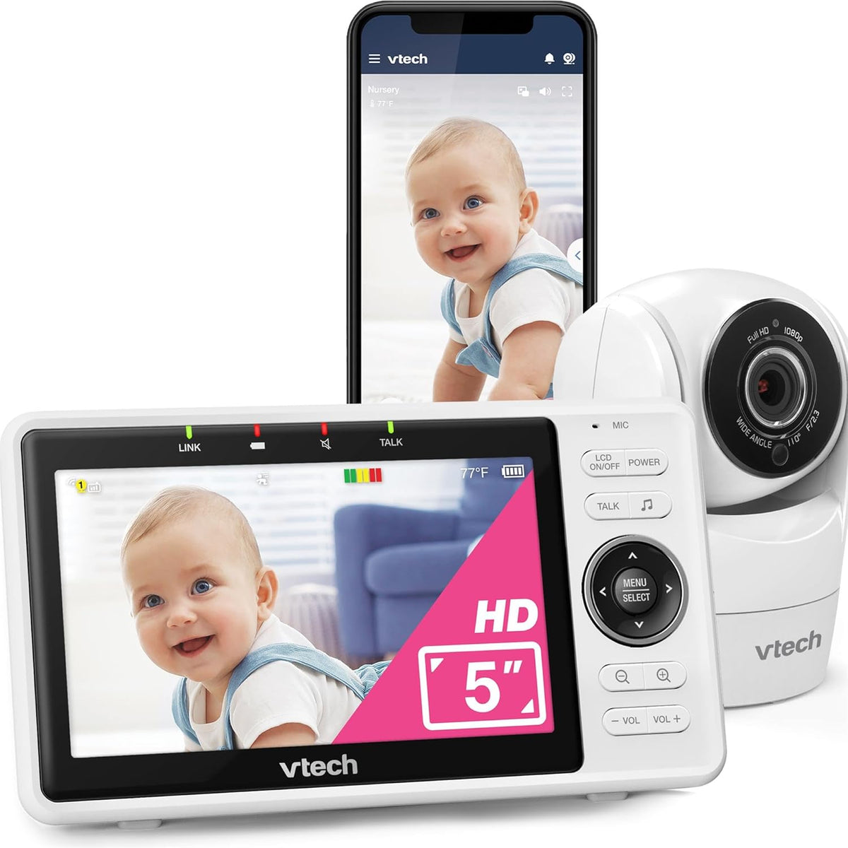 VTech Vigilabebés con cámara de 5 pulgadas 1080p, gran angular de 120°, visión nocturna, giro, inclinación y zoom remotos, comunicación bidireccional, compatible con iOS y Android, WiFi