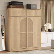 Armario ropero de gran capacidad de 8 puertas con barra para colgar, estantes ajustables y puertas decorativas de ratán, 70.87" de alto