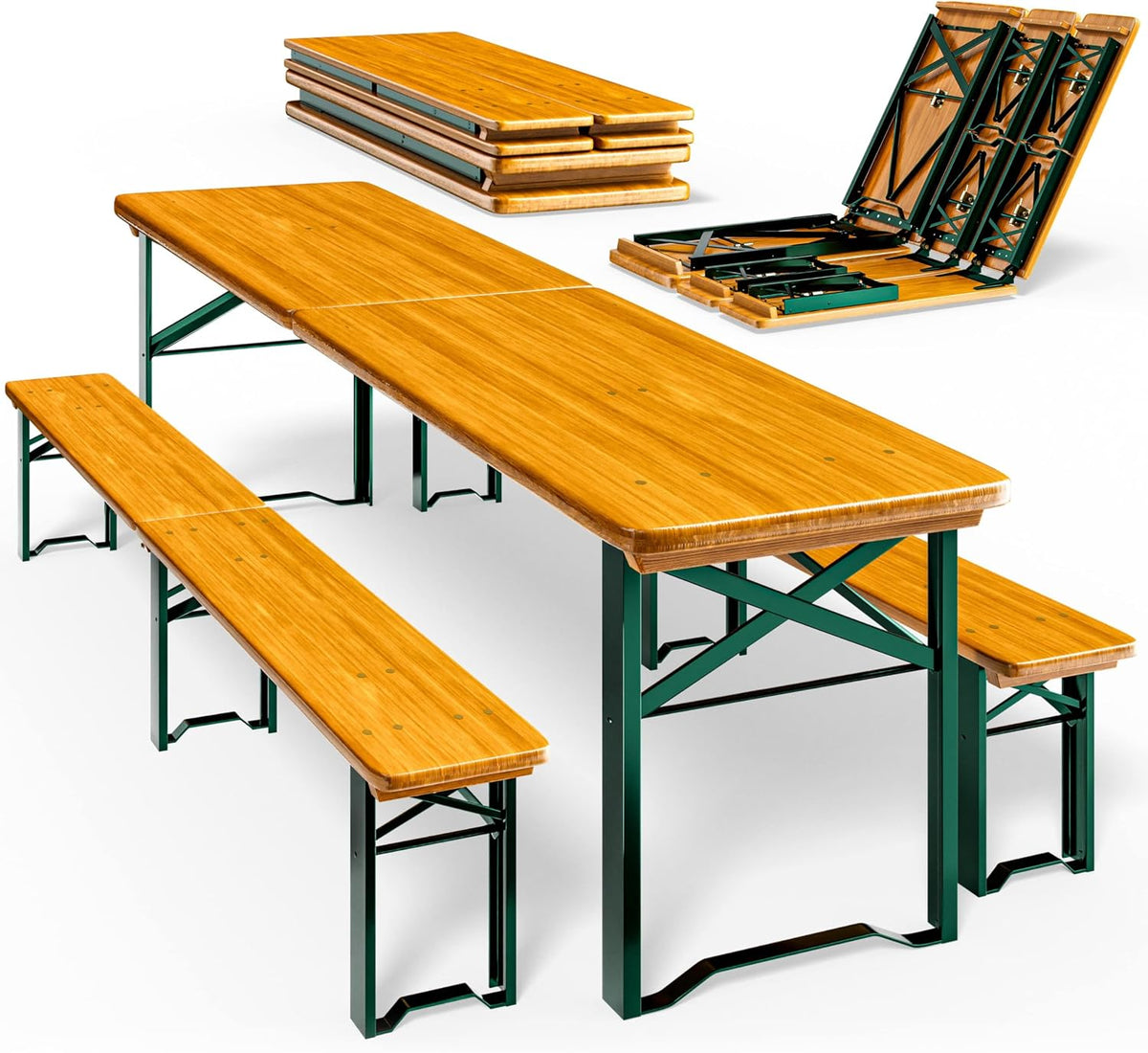 Set de mesa y bancos cerveceros Casaria 220 cm plegable y estable de 3 piezas: 2 bancos de cerveza y 1 mesa ancha, conjunto de madera para jardín, fiestas y eventos