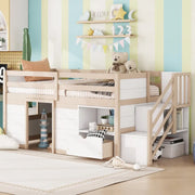 Cama alta baja de madera maciza con cajón y escalera, tamaño individual