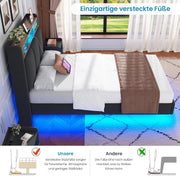 Cama tapizada Brinlawb 90x200 cm, cama flotante con iluminación LED y estación de carga (2 tomas de CA, 1 puerto USB-A, 1 puerto USB-C), cama juvenil 90x200 con cabecero acolchado, cama 90x200 con espacio de almacenamiento, gris