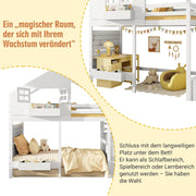 Litera, cama alta, cama infantil 90x200 cm con protección anticaídas y escalera con almacenamiento, cama juvenil, con ventana, madera maciza, blanco
