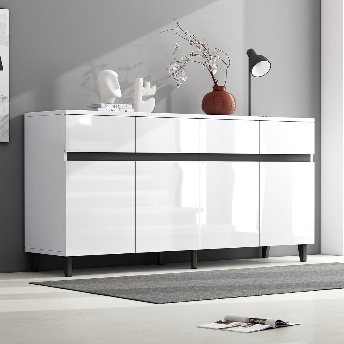 Aparador de alto brillo para salón con 4 cajones y 4 puertas, armario buffet con estantes de altura regulable, 160 x 40 x 68 cm, armario moderno para dormitorio, oficina, pasillo, blanco