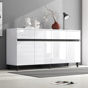 Aparador de alto brillo para salón con 4 cajones y 4 puertas, armario buffet con estantes de altura regulable, 160 x 40 x 68 cm, armario moderno para dormitorio, oficina, pasillo, blanco