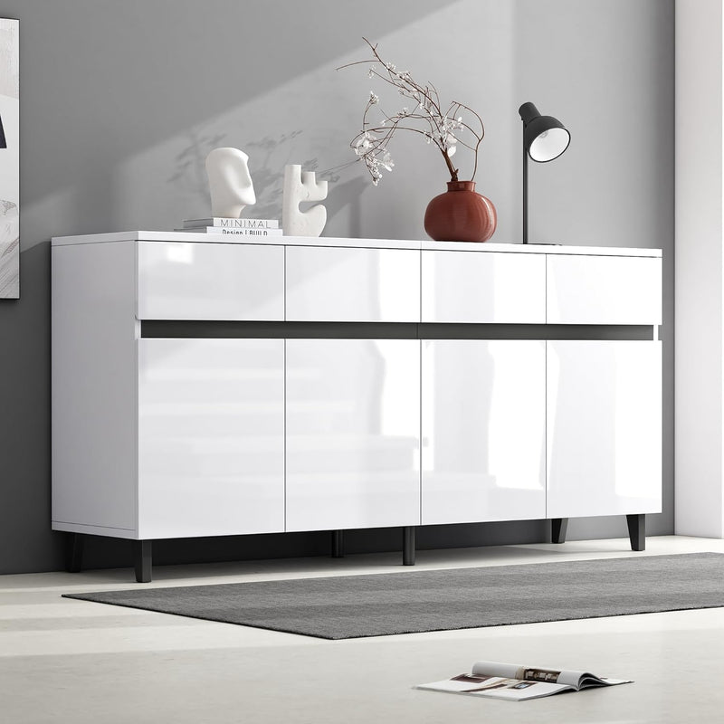 Aparador de alto brillo para salón con 4 cajones y 4 puertas, armario buffet con estantes de altura regulable, 160 x 40 x 68 cm, armario moderno para dormitorio, oficina, pasillo, blanco