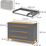 Cambiador VitaliSpa Malia, blanco/roble, 133 x 98 cm XL con 3 cajones