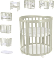 Cuna ovalada evolutiva Waldin, set completo 7 en 1, cuna de barrotes, cama infantil con colchón, cambiador, cuna colecho, madera blanca