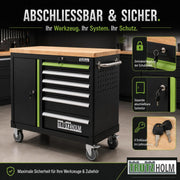 TRUTZHOLM Carro de herramientas vacío Deluxe, carro de taller con 6 cajones y compartimento con puerta, armario de herramientas con cerradura y ruedas con encimera de madera maciza, banco de trabajo móvil 108 x 46,5 x 77 cm, verde/negro