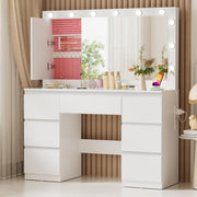 TRIUMPHKEY Tocador con espejo grande y regleta, 12 bombillas LED ajustables, mesa de maquillaje con 7 cajones, almacenamiento de joyas, cómoda grande moderna de 120x40x140 cm, blanco