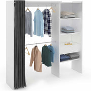 IDMarket - Vestidor extensible Marty 120/170 x 50 x 180 cm blanco con estantes + doble barra de armario + cortina gris