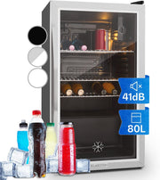 Mininevera Klarstein con puerta de cristal para habitaciones, refrigerador de bebidas con estantes ajustables, pequeño de 80 litros, frigorífico silencioso para interiores/exteriores