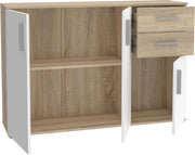 Cómoda Forte IKOLI 120, cómoda moderna, 3 puertas, 2 cajones, salón/dormitorio, pasillo, madera derivada, blanco con decoración de roble Sonoma, 119,6 cm de ancho x 81,7 cm de alto x 31,4 cm de fondo