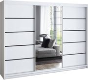 A&J MöbelLand Armario de puertas correderas VILUNO 2, armario de 3 puertas de 200 cm con espejo, 4 cajones y 2 barras para colgar ropa, armario espacioso para dormitorio (blanco)